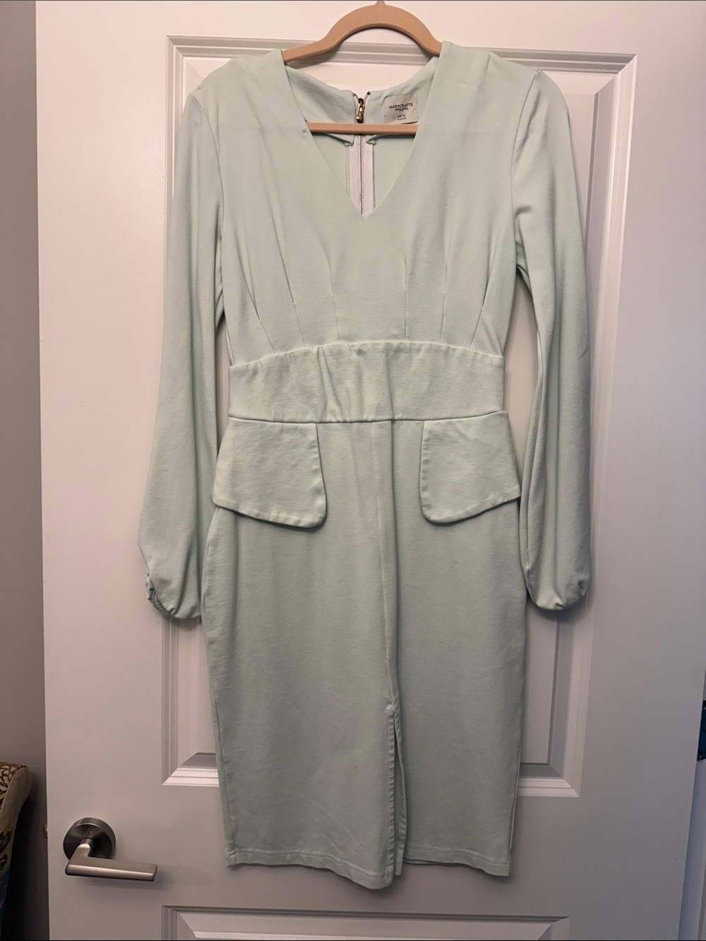 Long-Sleeve Mint Sheath Dress with Waist Flap Pockets